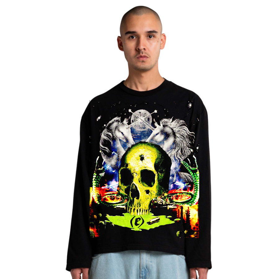 Neon Skull & Unicorn Graphic Long Sleeve Tee